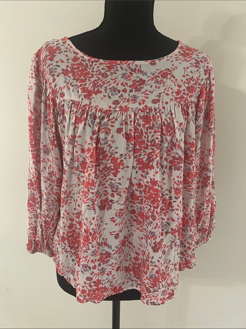 Everly Floral Blouse Small Made in USA Rayon Boho Babydoll Peasant Top